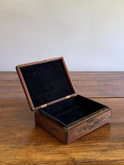 Antique Wood Carved Box with Floral Design and Deep Patina