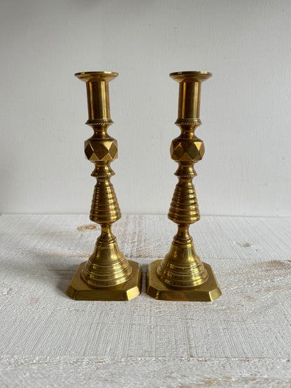 Vintage Pair of Brass Candlestick Holders with Push Up Base Design