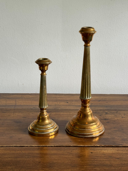 Vintage Pair of Brass Candlestick Holders with Ribbed Post and Weighted Bases