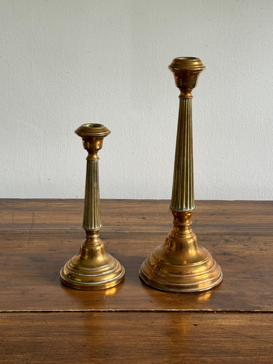 Vintage Pair of Brass Candlestick Holders with Ribbed Post and Weighted Bases