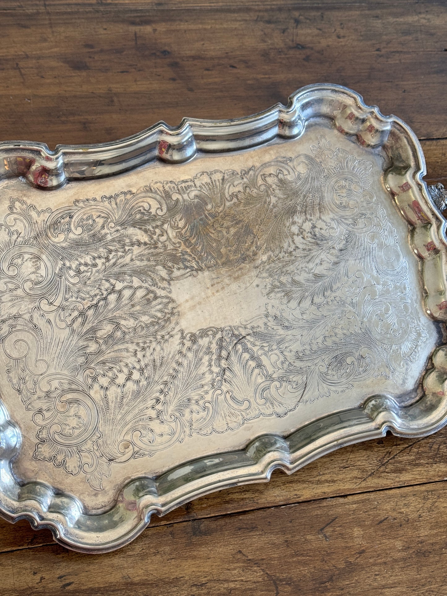 Vintage Large Leonard Silver Plated Over Brass Ornate Serving Platter with Raised Feet and Etched Detailing - Silver Plated Butler Tray