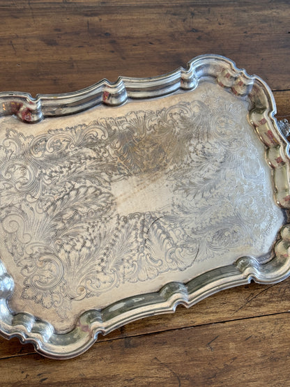 Vintage Large Leonard Silver Plated Over Brass Ornate Serving Platter with Raised Feet and Etched Detailing - Silver Plated Butler Tray