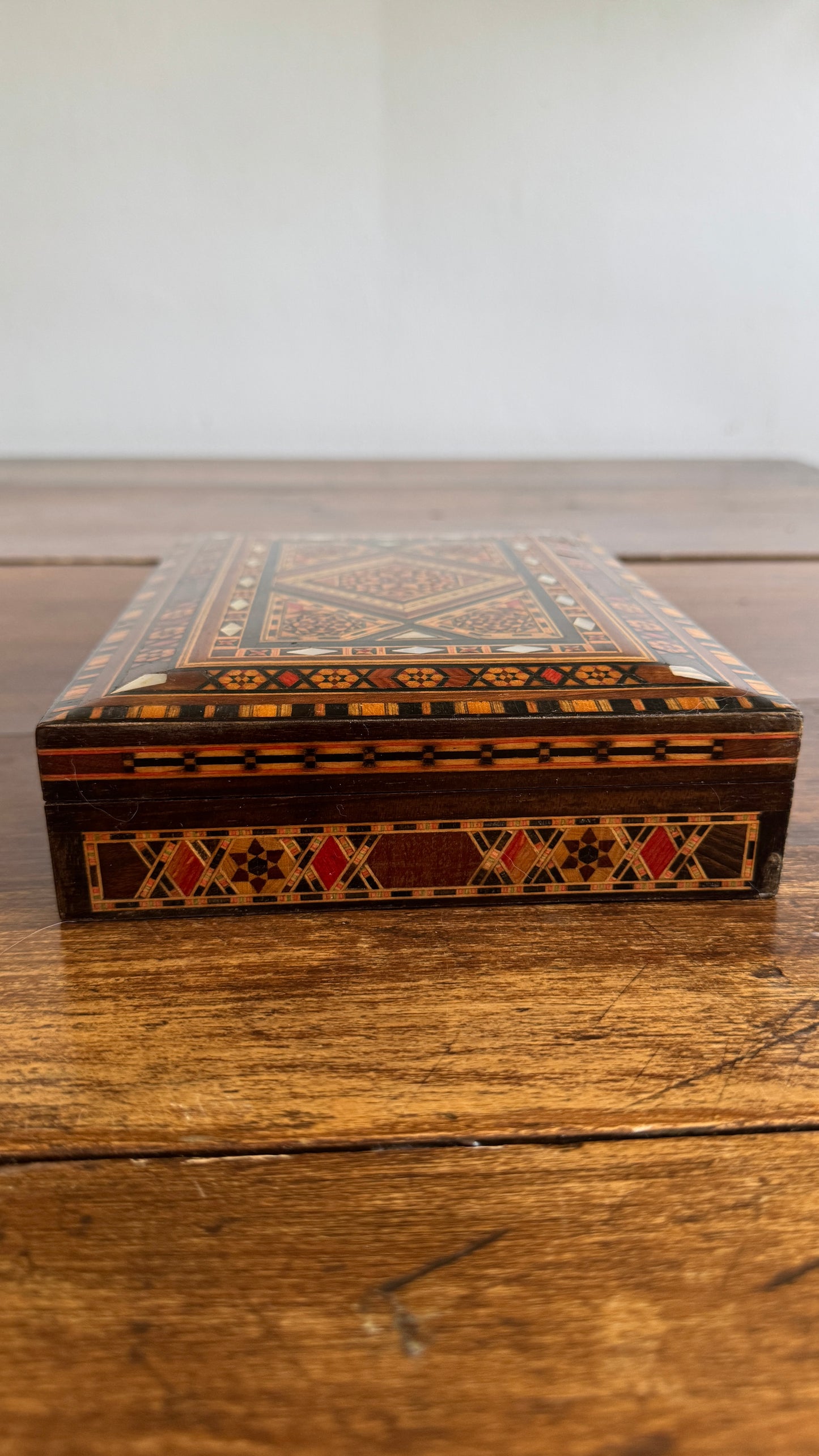 Vintage Inlay Box with Stunning Mother of Pearl Marquetry and Red Felt Inside