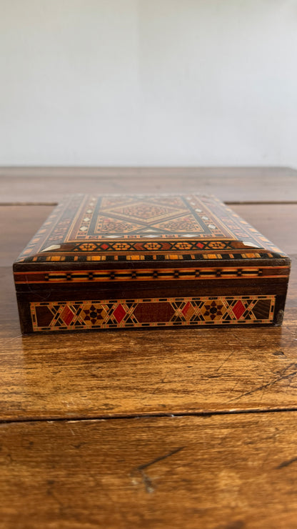 Vintage Inlay Box with Stunning Mother of Pearl Marquetry and Red Felt Inside