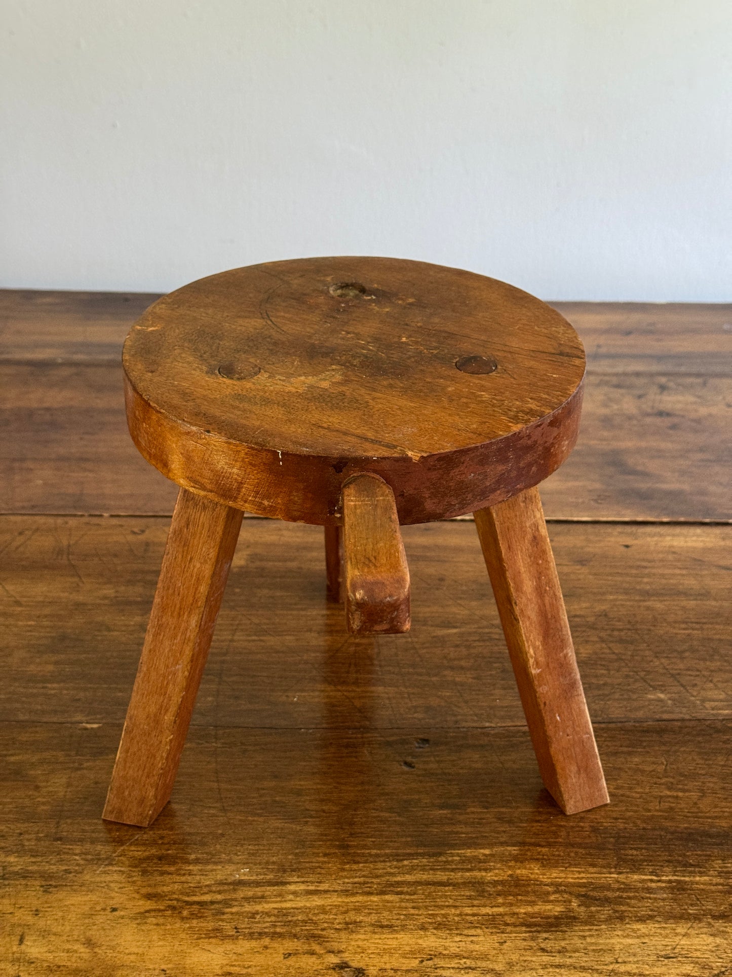 Vintage Small Wood Milk Stool with Handle and Tripod Legs