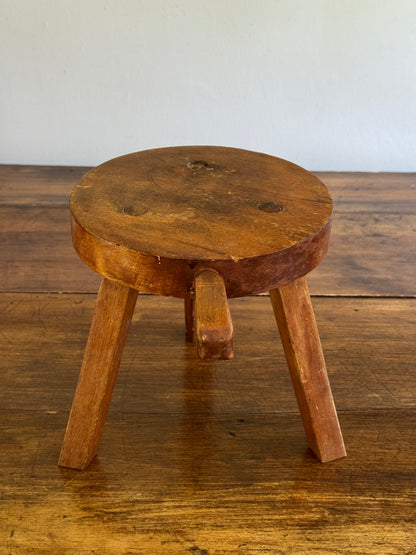Vintage Small Wood Milk Stool with Handle and Tripod Legs
