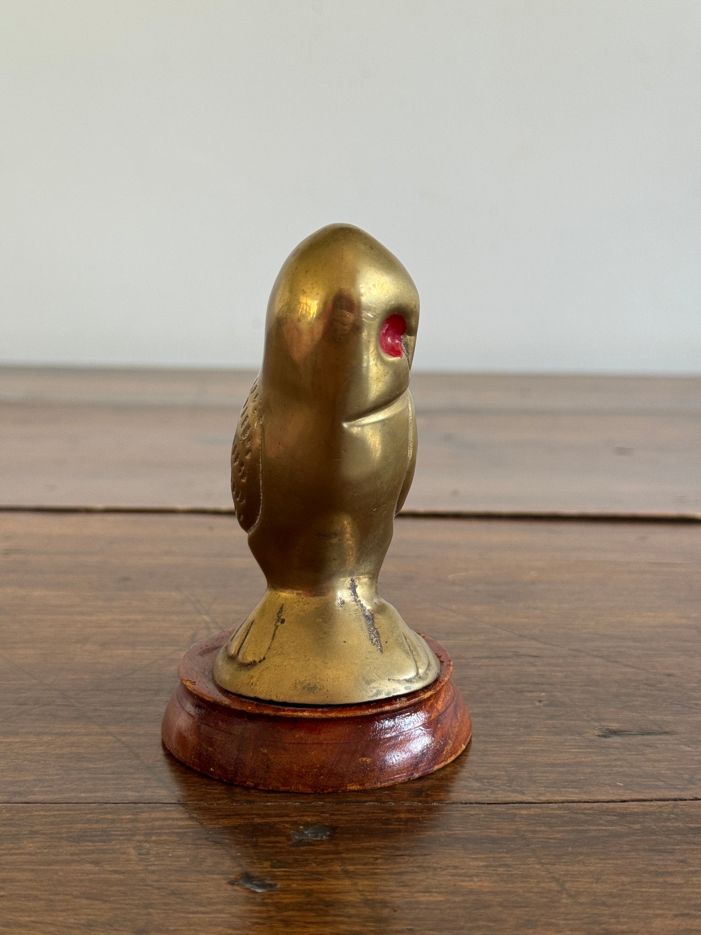 Vintage Brass Owl with Red Eyes on Wood Base