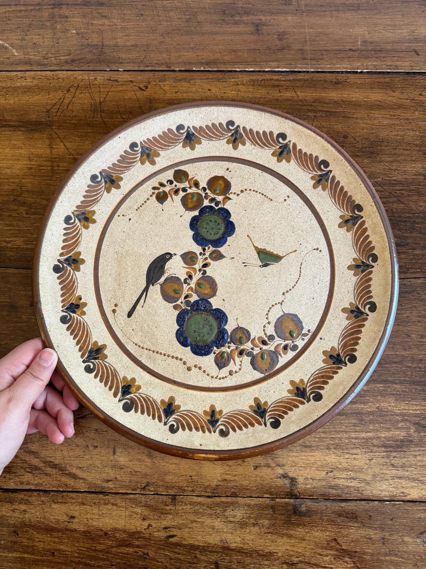 Vintage Large Mexico Pottery Plate with Flower and Bird Painting