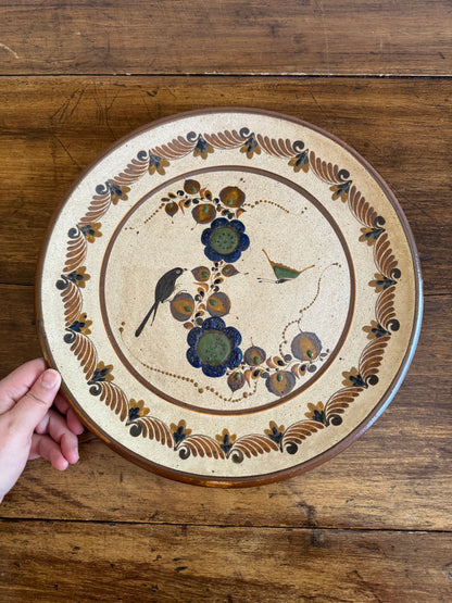 Vintage Large Mexico Pottery Plate with Flower and Bird Painting