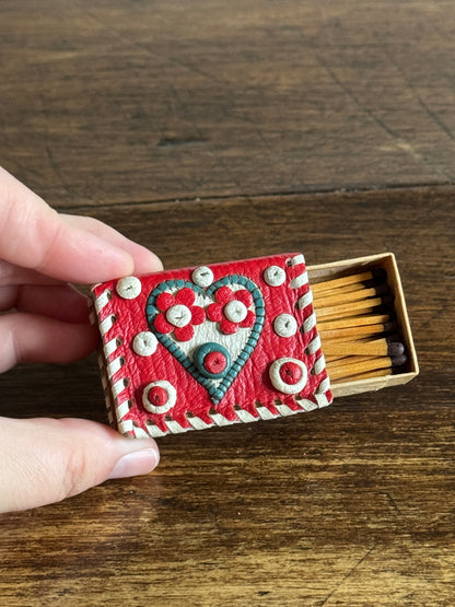 Small Decorative Tooled Leather Match Box Cover/Holder with Heart Design