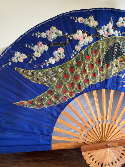 Extra Large Painted Fabric Fan with Peacock and Flowers