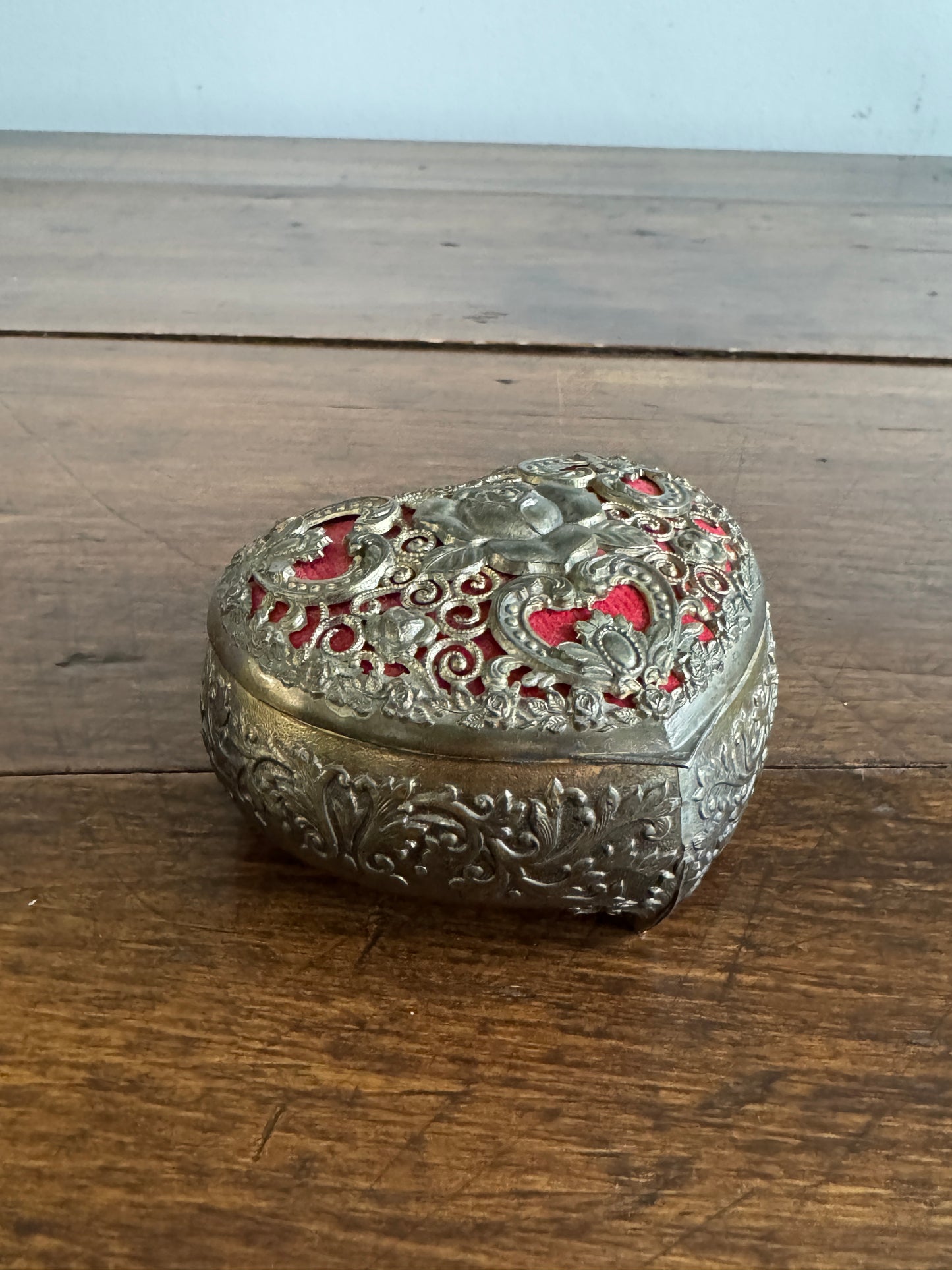 Small Vintage Heart Box with Ornate Metal Detailing Over Red Felt - Mini Trinket Box
