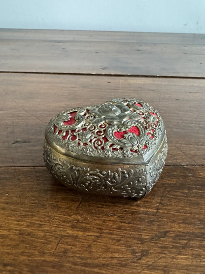 Small Vintage Heart Box with Ornate Metal Detailing Over Red Felt - Mini Trinket Box
