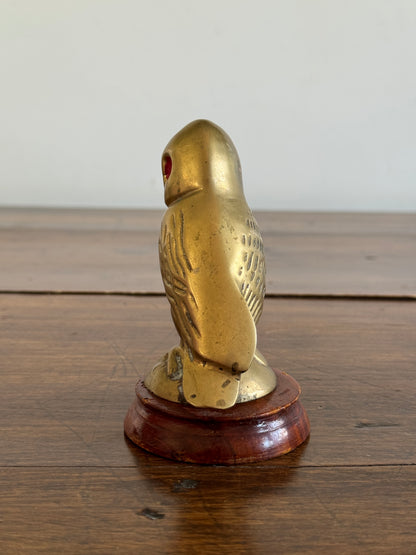 Vintage Brass Owl with Red Eyes on Wood Base