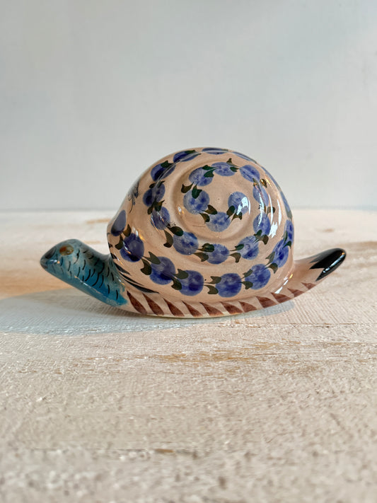 Vintage Mexico Pottery Snail Figurine - Vintage Tonala Blue and Tan Pottery Snail with Decorative Design - Made in Mexico