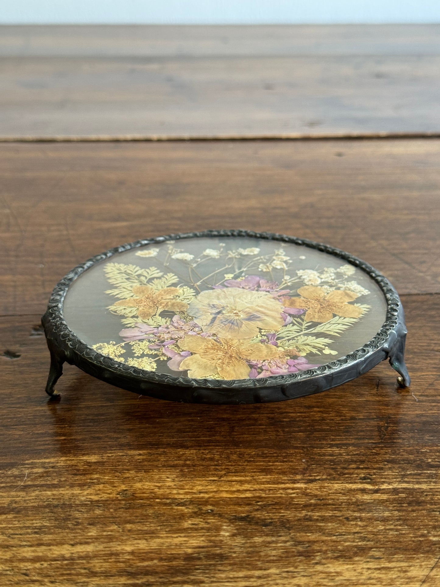 Vintage Pressed Flower Glass Trivet with Metal Edge and Feet