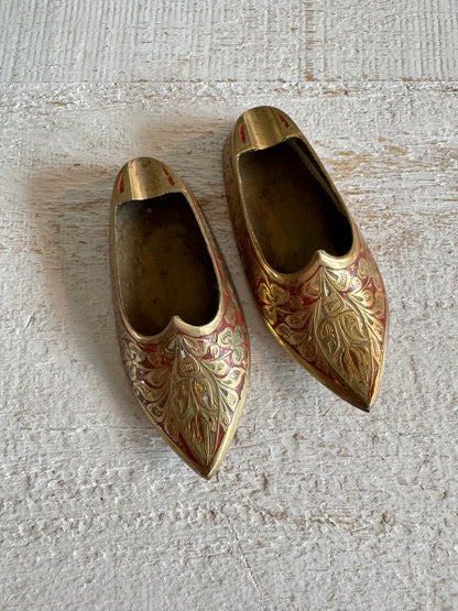Vintage Pair of Brass with Enamel Shoe Figures - Collectible Ashtray Holder Shaped Like Shoes