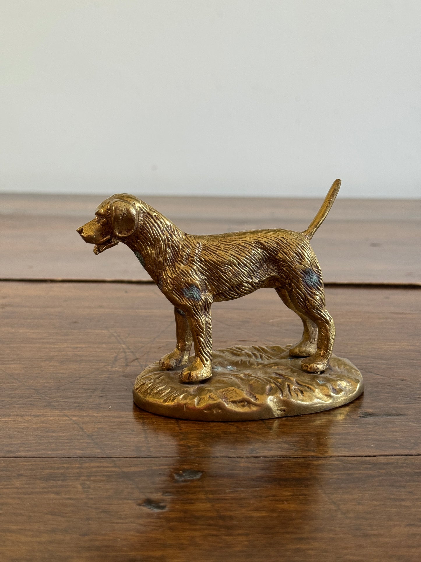 Vintage Brass Dog Figurine on Base - Patina Spots