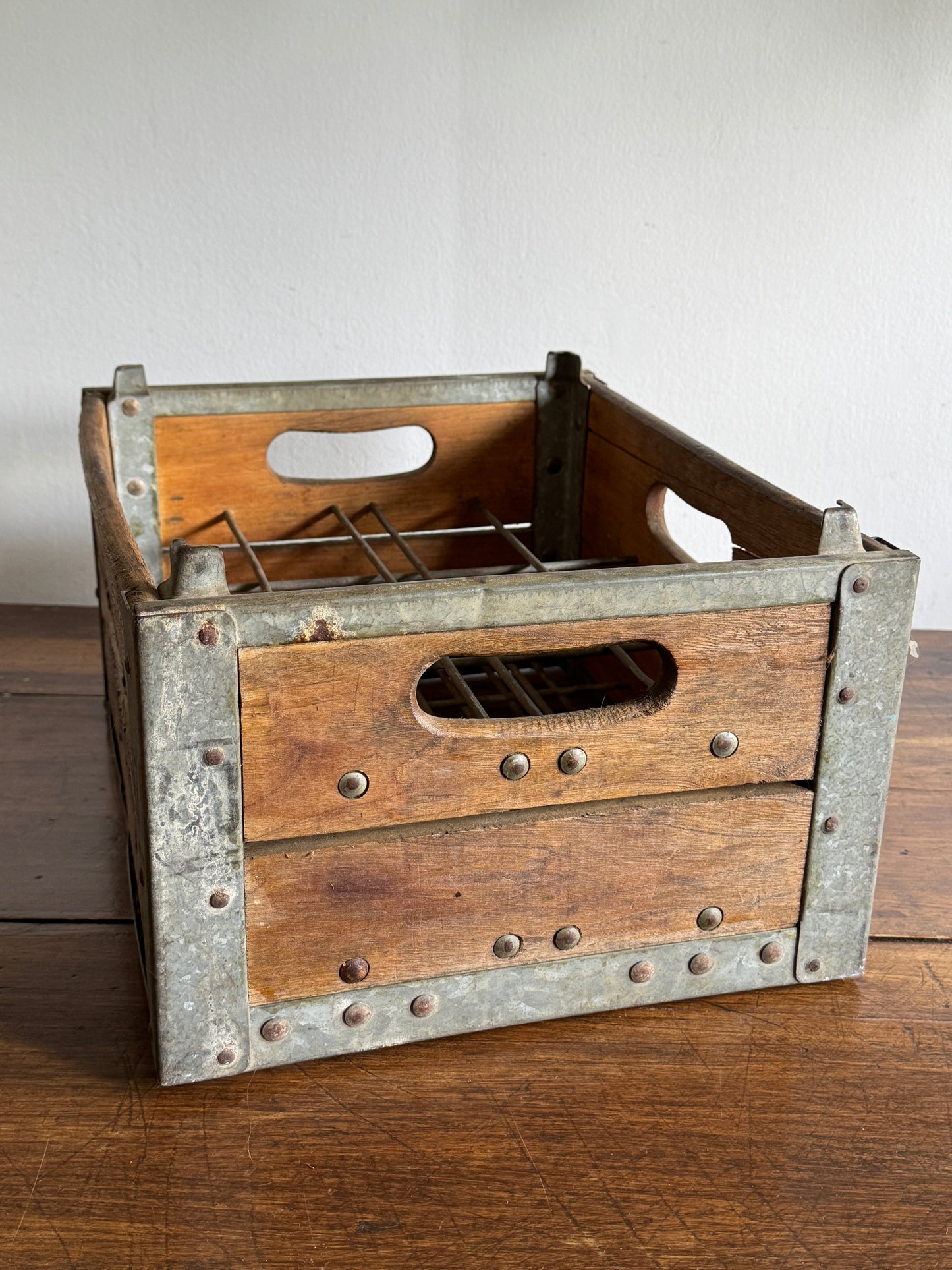 Vintage Ridge Dairy Milk Crate with Wood and Metal Construction