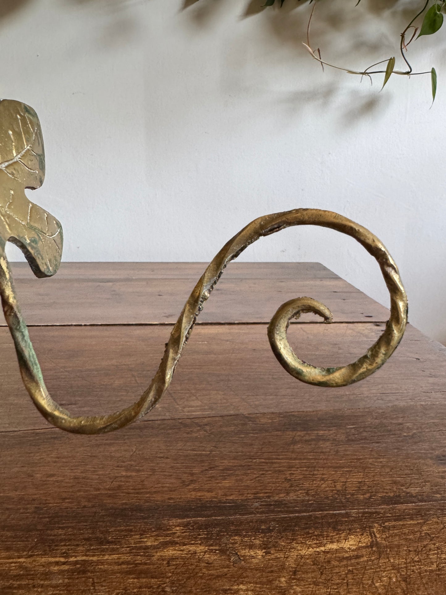 Vintage Cast Brass Leaf Hook with Swirled Hanger