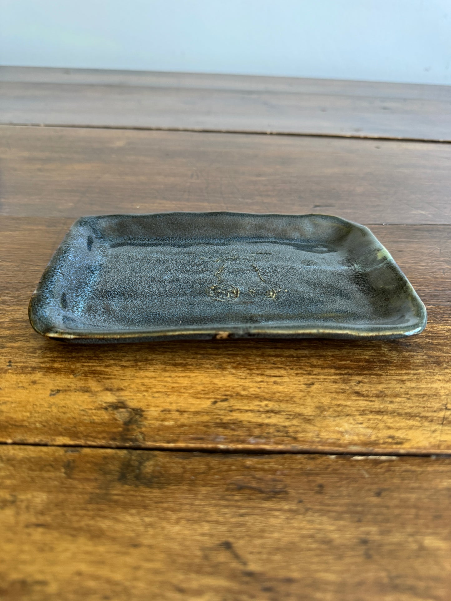 Small Blue Pottery Trinket Dish with Flower Design