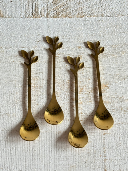 Set of Four Miniature Brass Leaf Spoons - Condiment Spoons