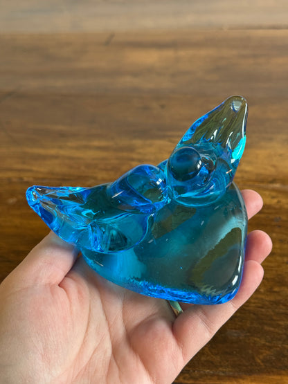 Vintage Glass Blue Birds of Happiness on Heart - Signed Paperweight