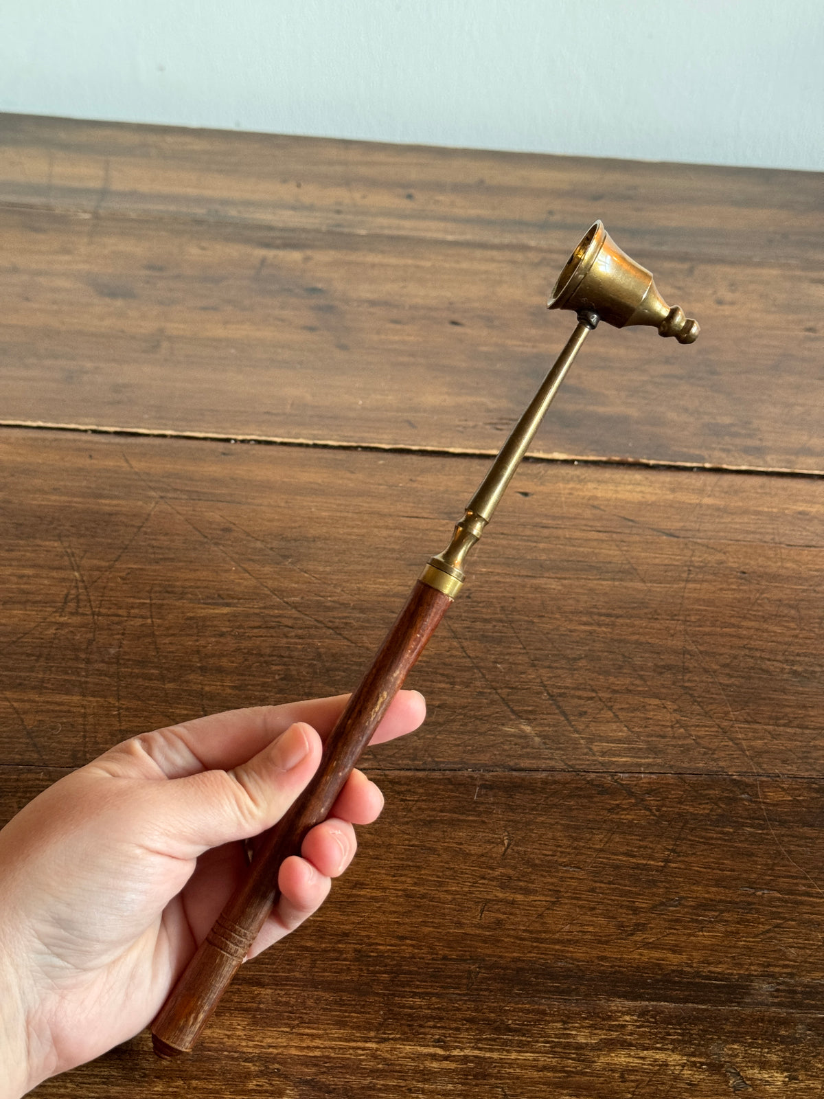 Wood and Brass Candle Snuffer with Ornate Cup