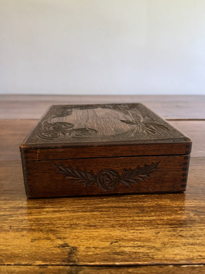 Antique Wood Carved Box with Floral Design and Deep Patina