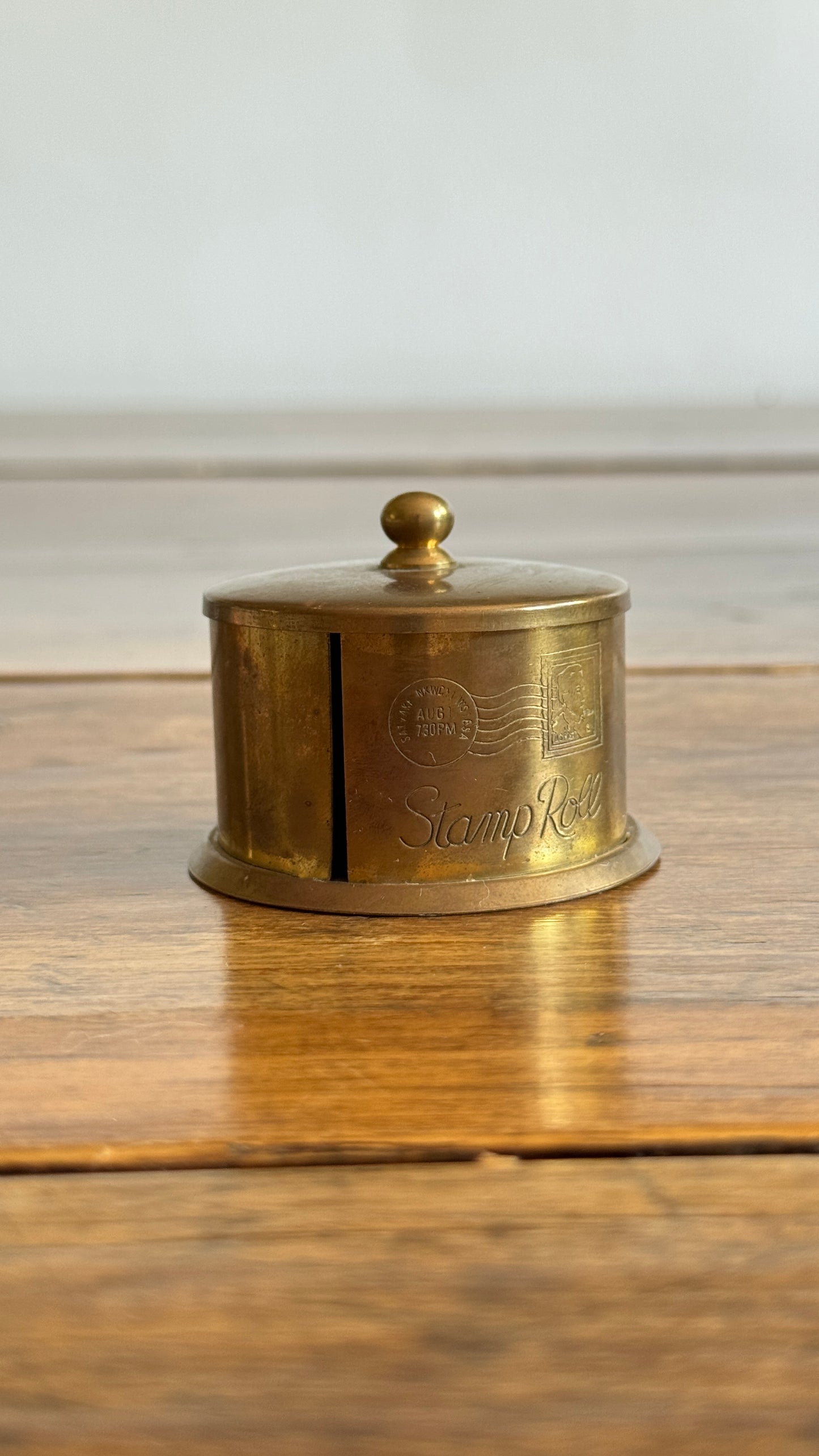 Vintage Brass Stamp Roll Holder with Embossed Detailing