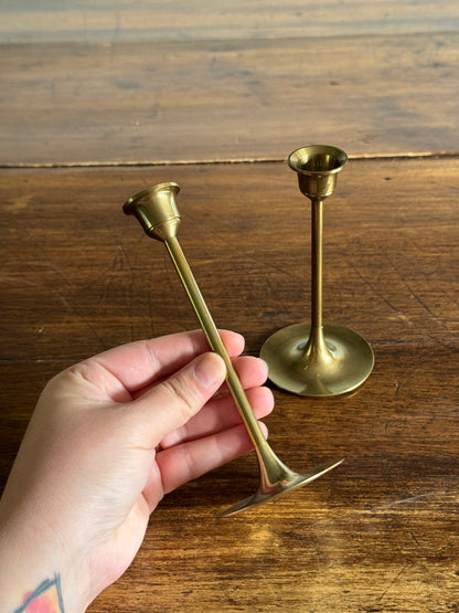Pair of Two Brass Candles with Skinny Posts and Fluted Bottoms