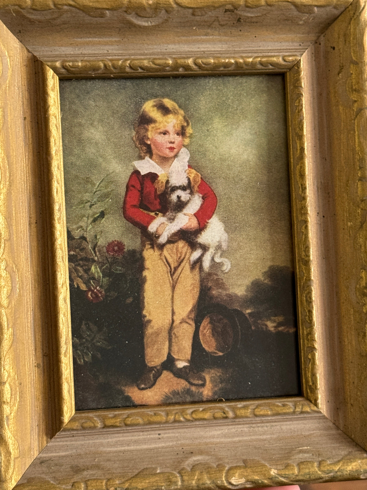 Vintage Boy with Dog Print in Wood Frame