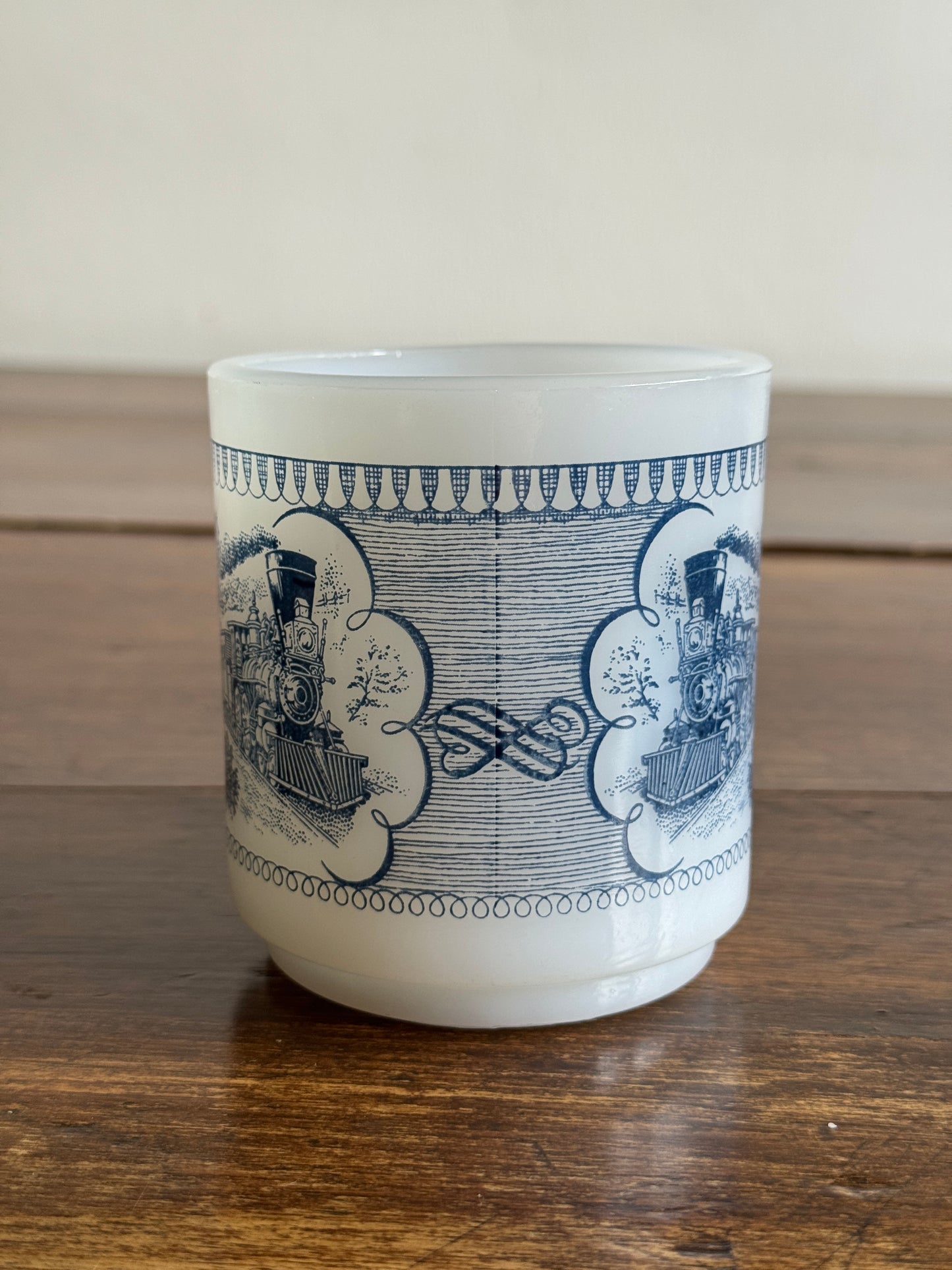 Vintage White Milk Glass Mug with Blue Vintage Train Design