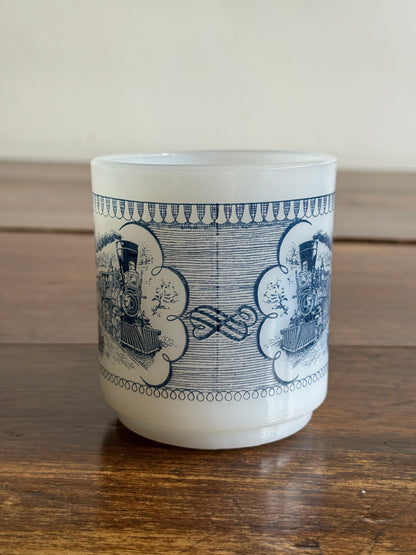 Vintage White Milk Glass Mug with Blue Vintage Train Design