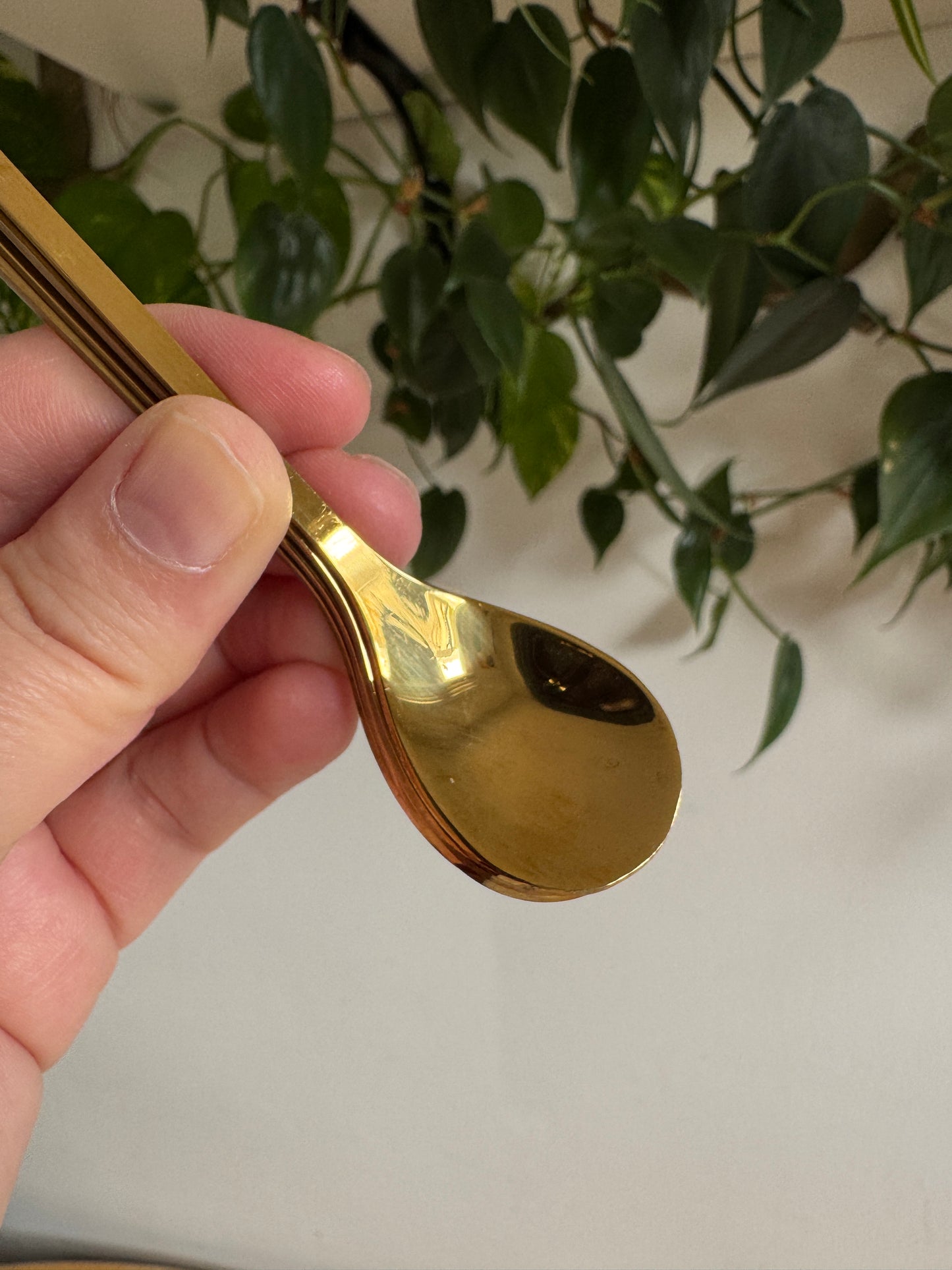 Set of Four Miniature Brass Leaf Spoons - Condiment Spoons