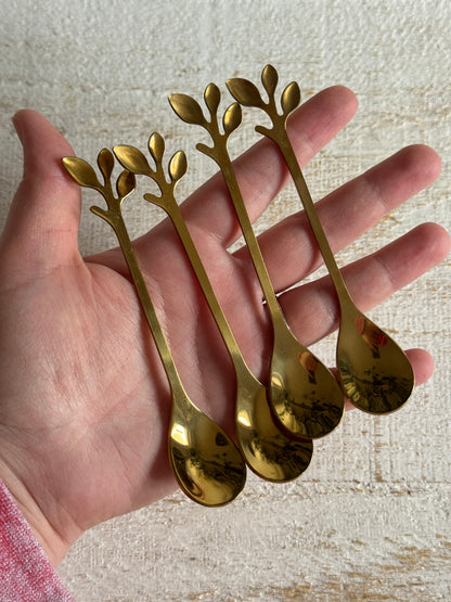 Set of Four Miniature Brass Leaf Spoons - Condiment Spoons