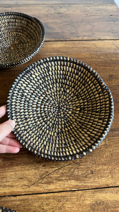 Set of Three Woven Sweet Grass Baskets with Black Accents