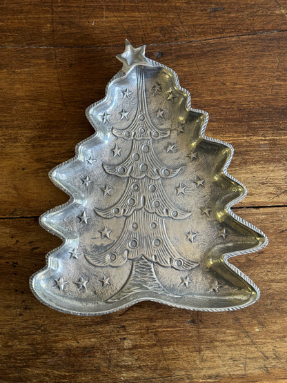 Silver-Tone Metal Christmas Tree Tray with Embossed Detailing
