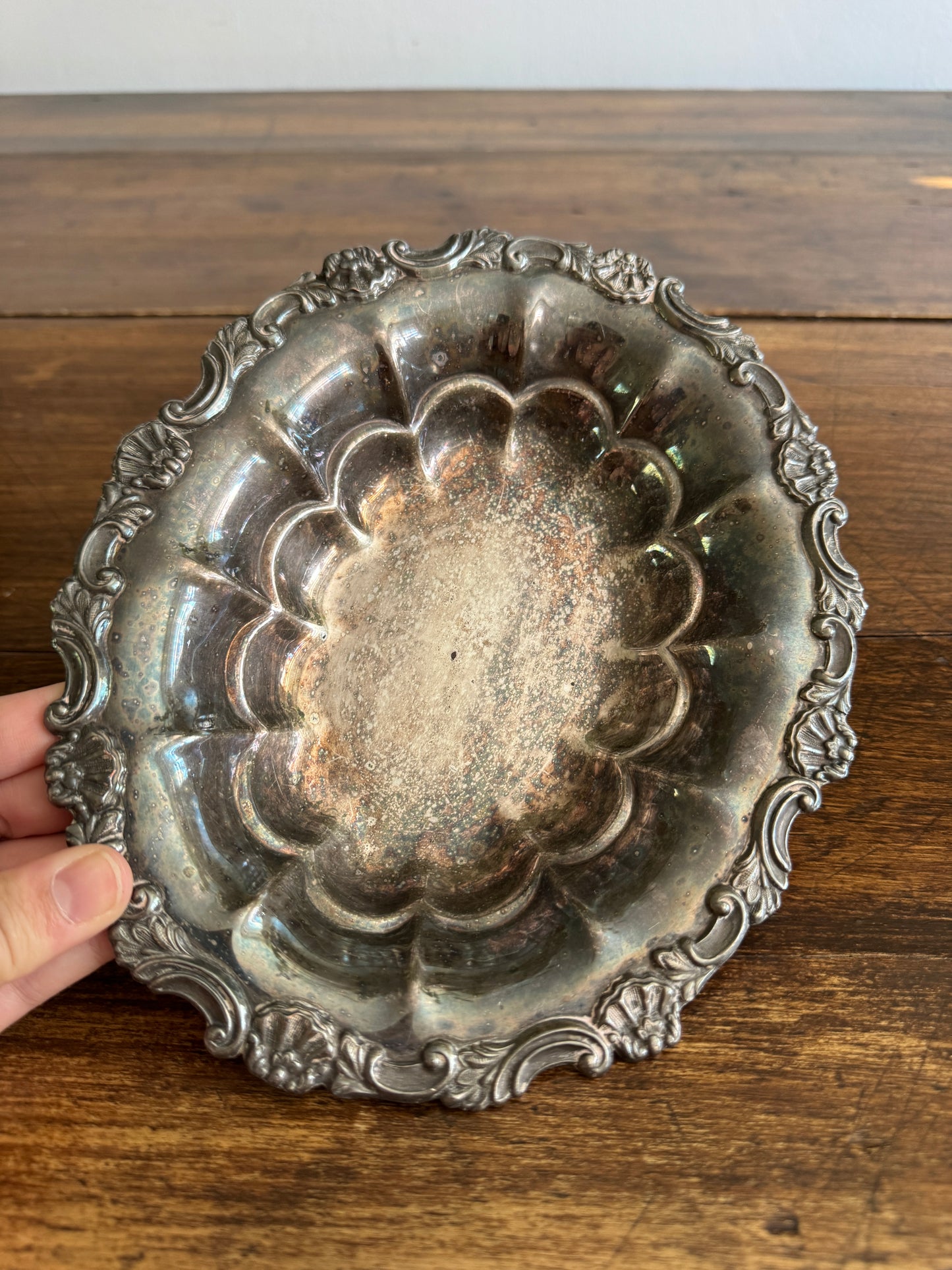 Silver Plated Scalloped Bowl with Lovely Worn Patina