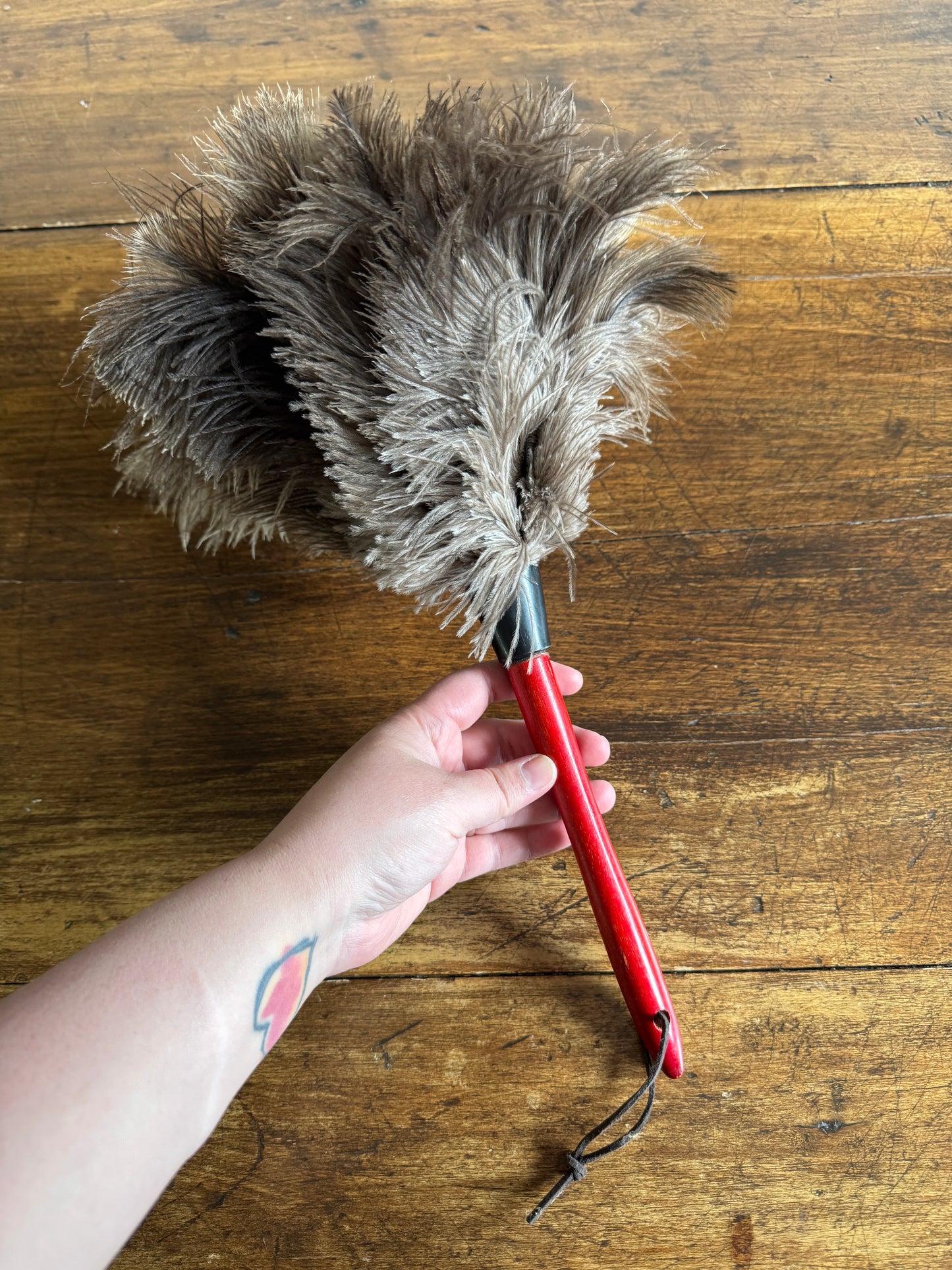 Vintage Real Feather Duster on Red Wood Handle
