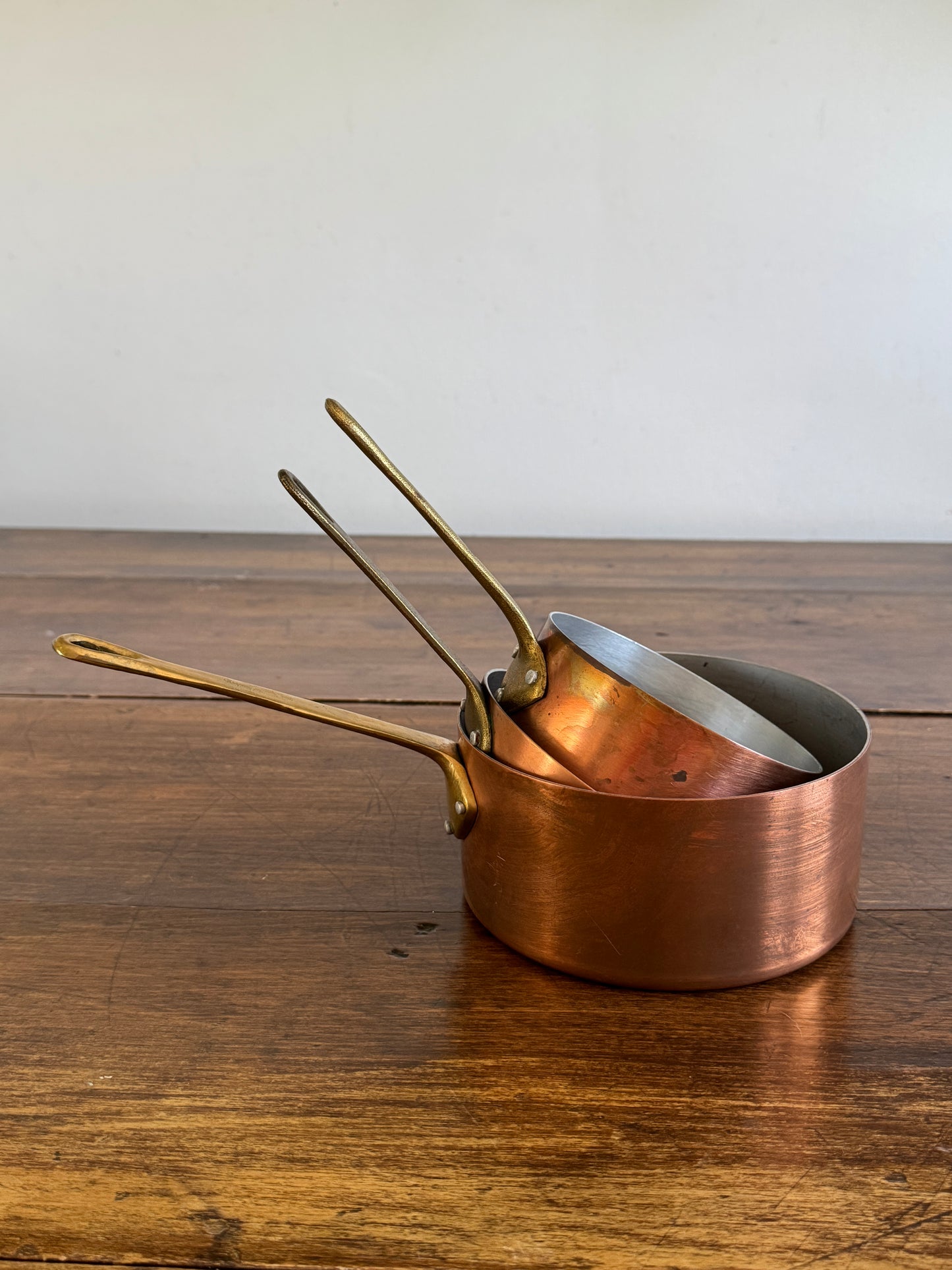 Vintage Three Piece Copper and Brass Pots and Pan Set