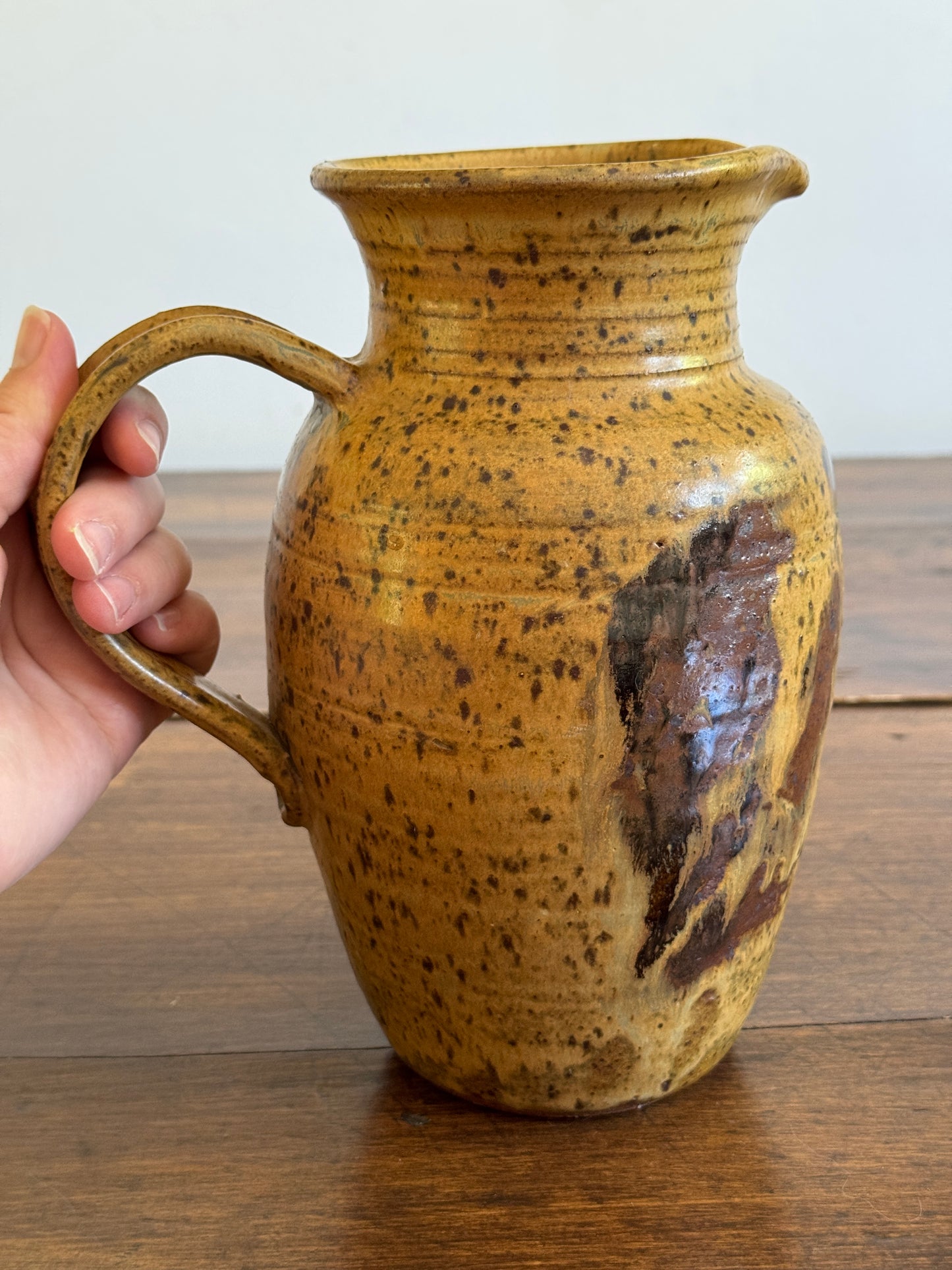 Vintage Large Pottery Pitcher Vase with Brown Tones and Speckling