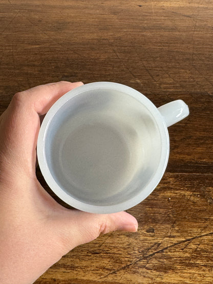 Vintage White Milk Glass Mug with Blue Vintage Train Design
