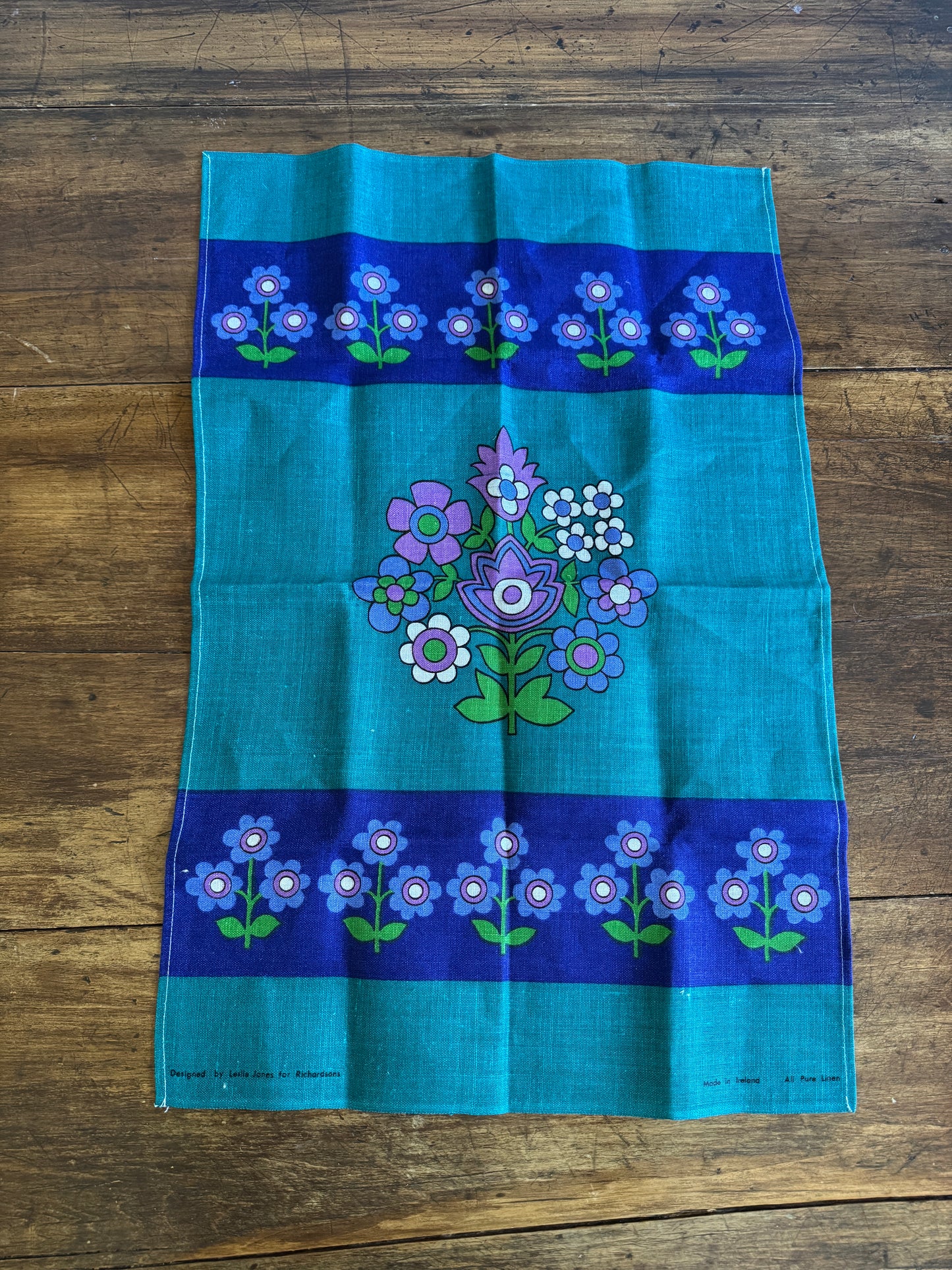 Purple Flower Linen Kitchen Cloth Designed by Leslie Jones for Richardsons - Made in Ireland
