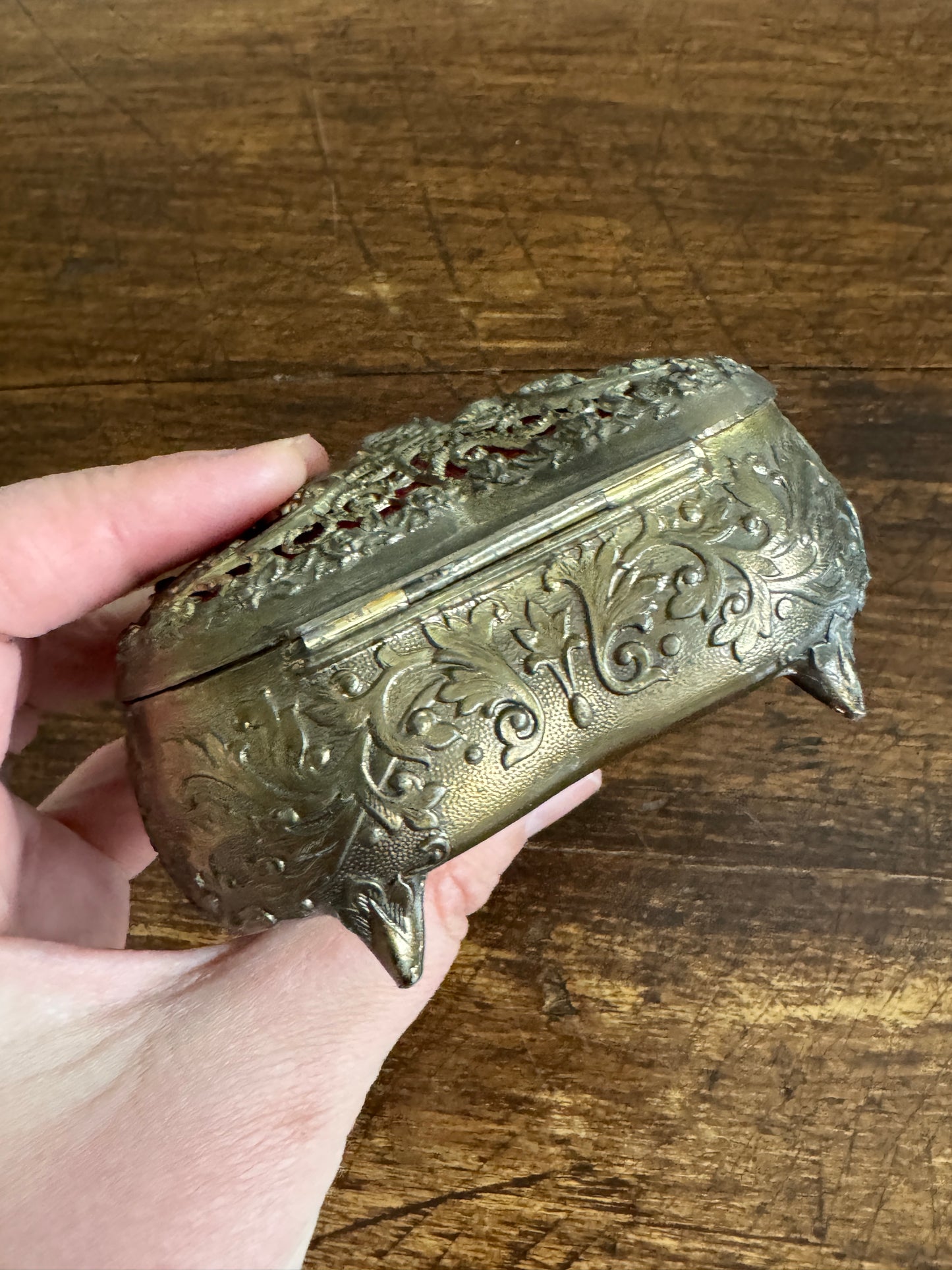 Small Vintage Heart Box with Ornate Metal Detailing Over Red Felt - Mini Trinket Box