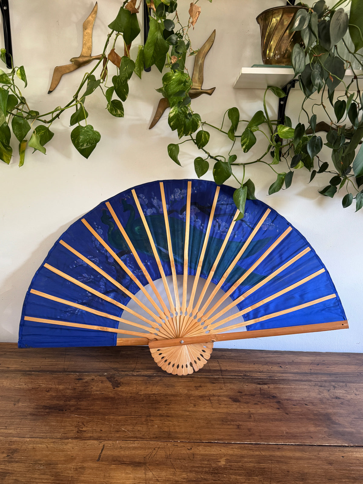 Extra Large Painted Fabric Fan with Peacock and Flowers