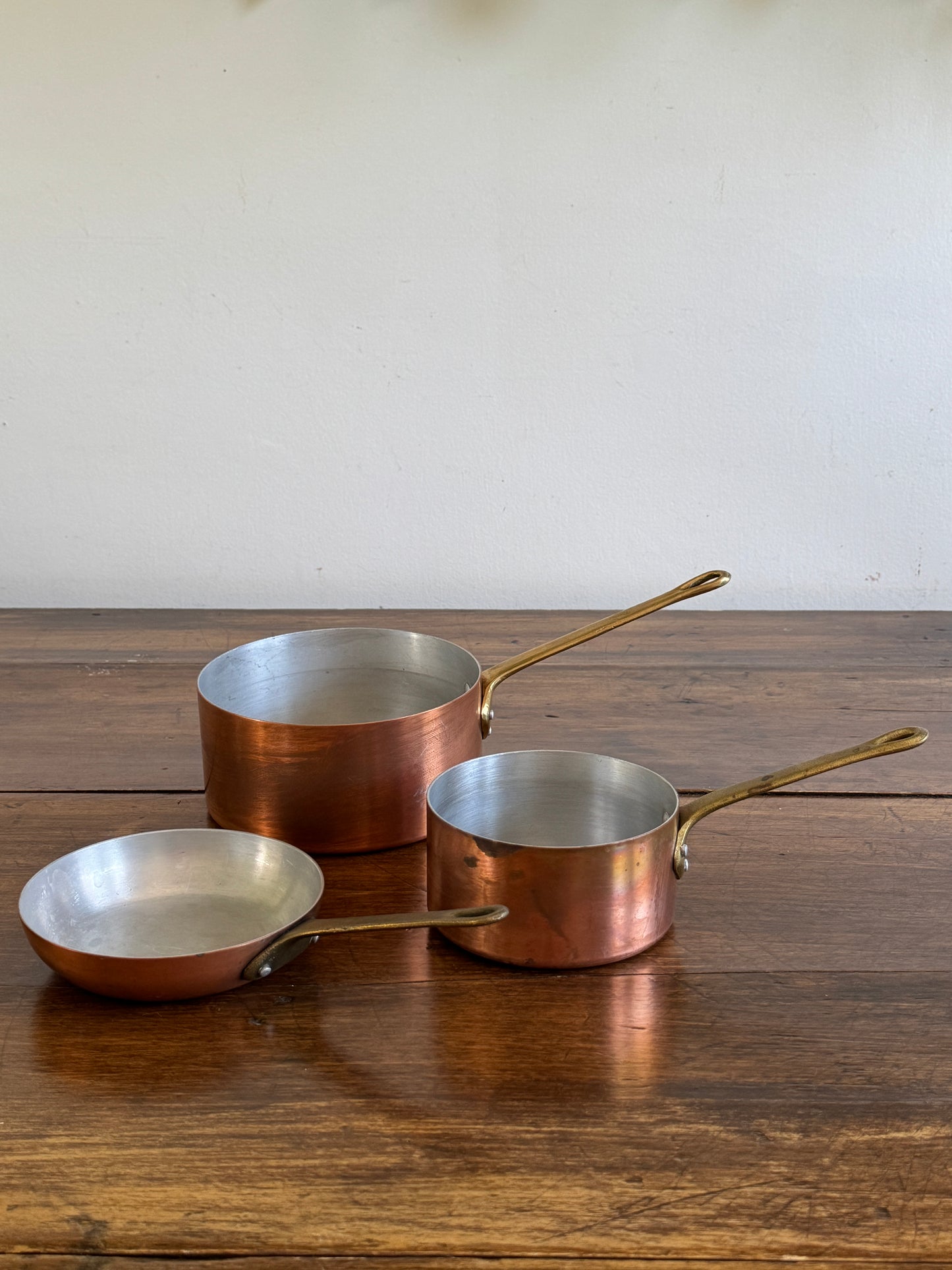 Vintage Three Piece Copper and Brass Pots and Pan Set