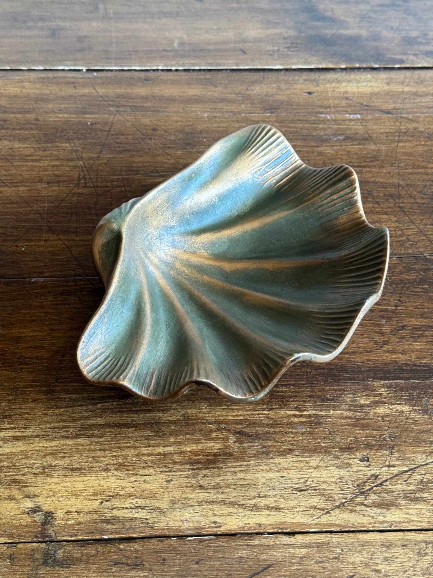 Pottery Shell Shaped Bowl with Faux Metal/Patina Finish - Made in Mexico