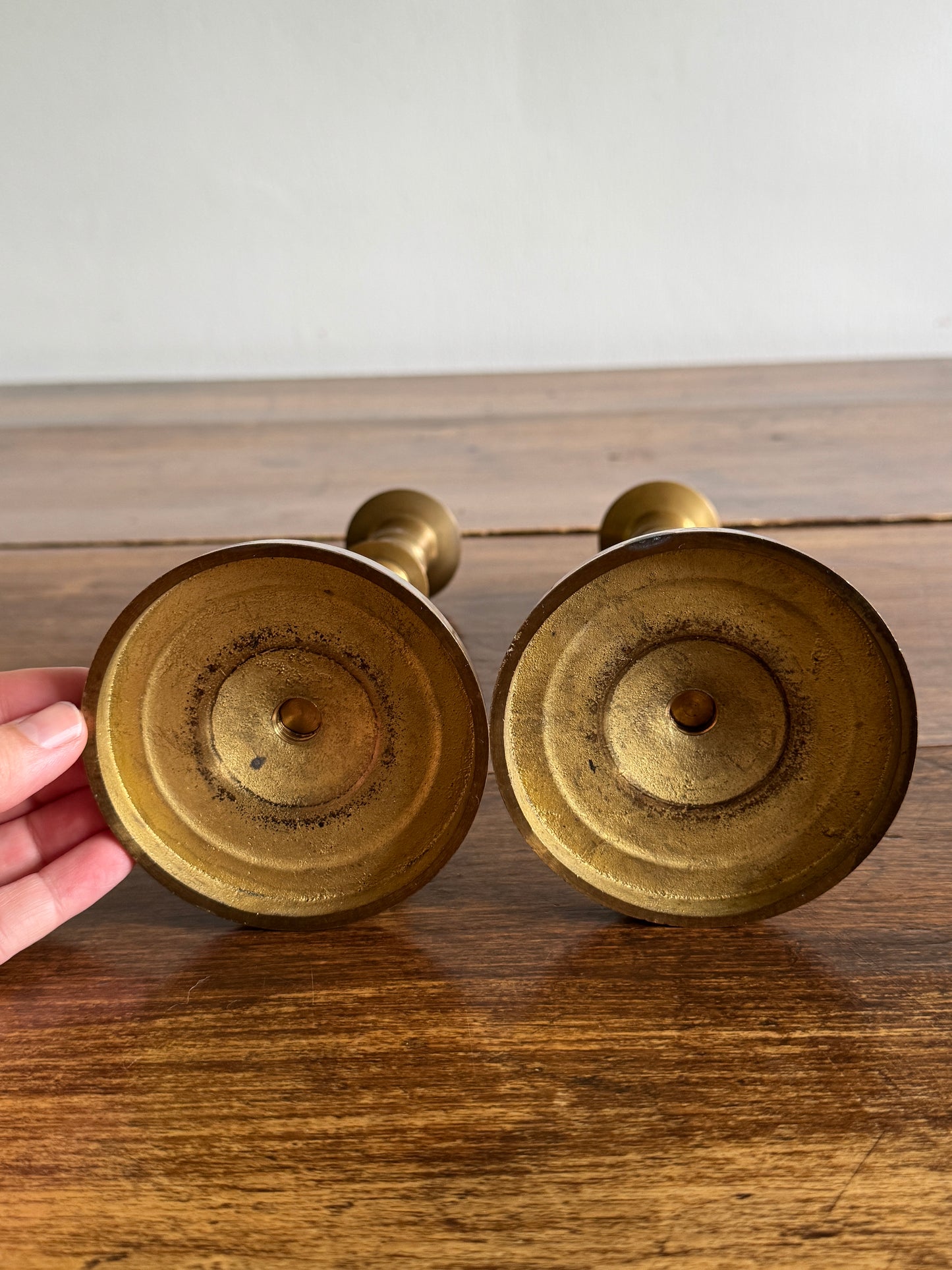 Vintage Heavy Brass Candleholder Pair with Rounded Bases