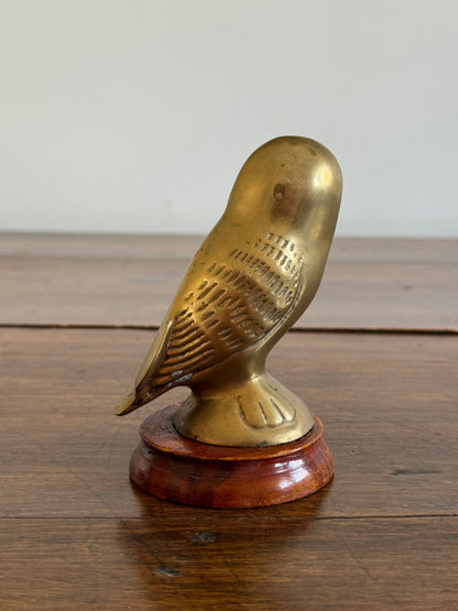 Vintage Brass Owl with Red Eyes on Wood Base